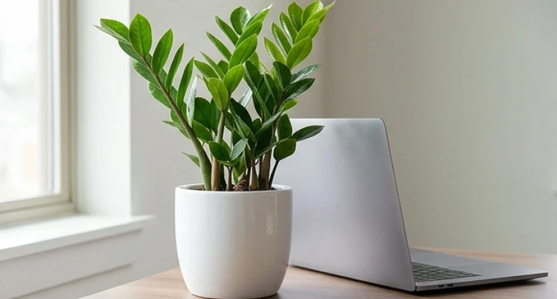 Chậu cây Kim Tiền nhỏ bằng sứ trắng đặt gọn gàng trên bàn văn phòng