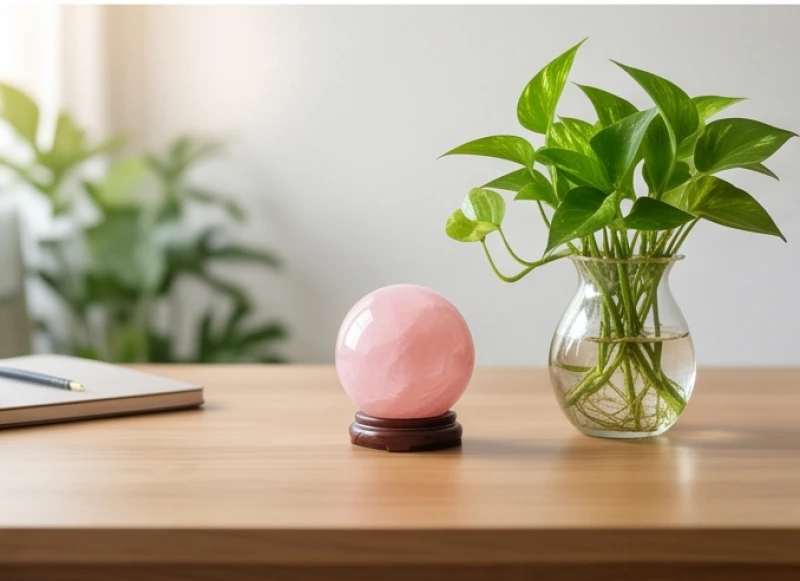 Chậu cây trầu bà thủy sinh và quả cầu thạch anh đặt trên bàn làm việc cá nhân