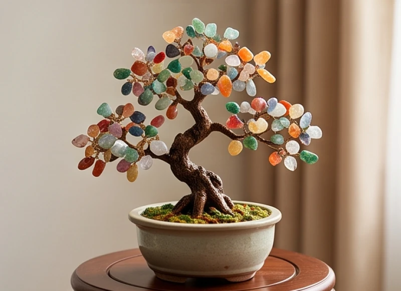 Chậu cây cảnh phong thủy mini với các tán lá kết từ những hạt đá mã não lấp lánh sắc màu rực rỡ