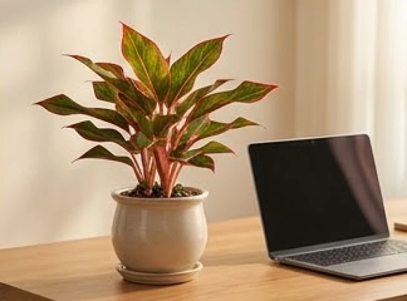 Chậu cây Phú Quý lá đỏ khỏe mạnh đặt cạnh máy tính xách tay trên bàn làm việc