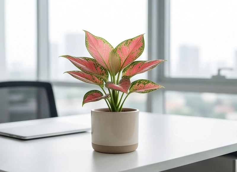 Chậu cây Vạn Lộc mini với sắc đỏ hồng rực rỡ đặt ở góc trái bàn làm việc để thu hút may mắn
