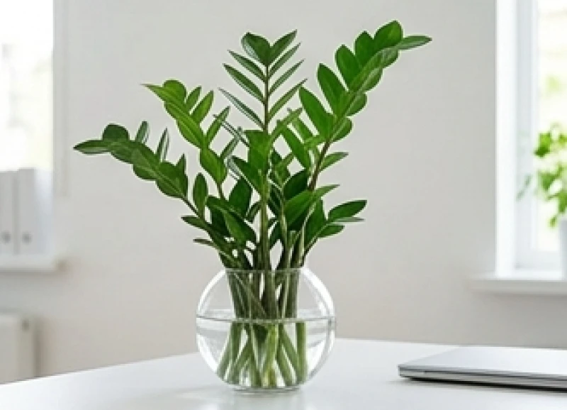 Chậu cây kim tiền trồng thủy sinh trong bình thủy tinh trong suốt đặt trên góc bàn làm việc ngập tràn ánh sáng