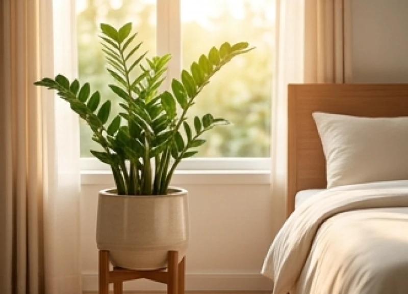 Chậu cây kim tiền lá tròn xanh mướt đặt cạnh cửa sổ trong phòng ngủ