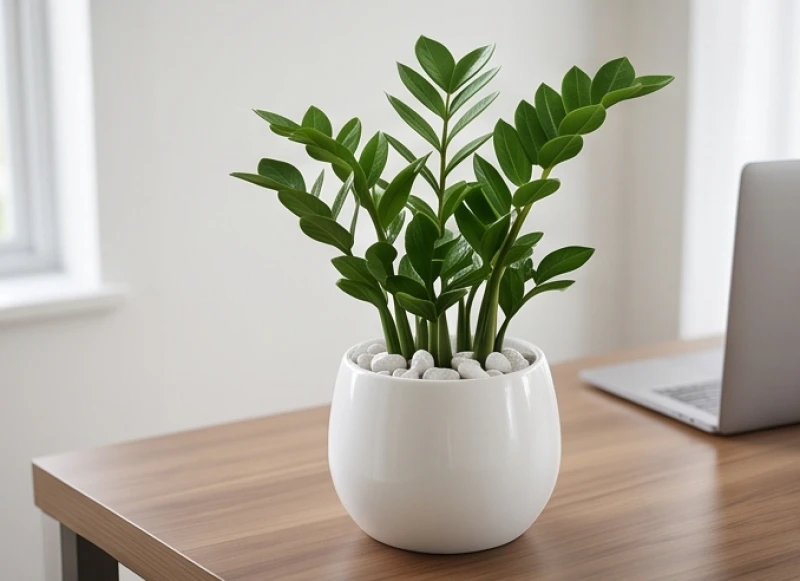 Chậu cây kim tiền xanh tốt trồng trong chậu gốm sứ trắng rải sỏi trang trí trên bàn làm việc
