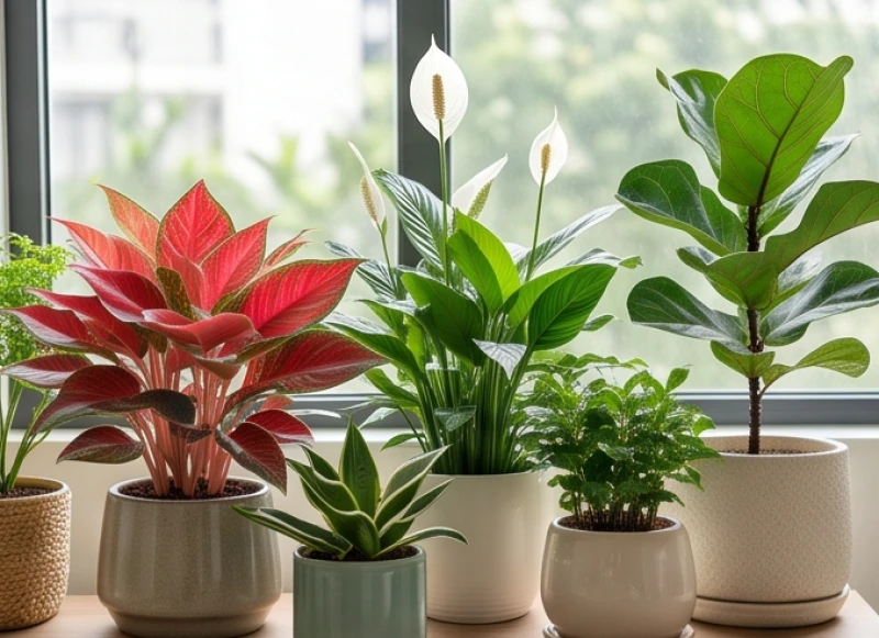 Các chậu cây mang màu sắc đa dạng tương ứng với ngũ hành giúp cân bằng trường khí và thu hút cát khí vào nhà