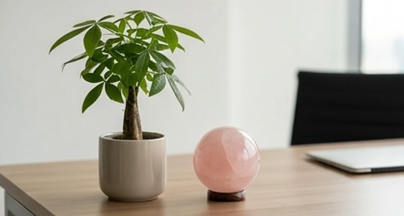Chậu cây kim ngân nhỏ gọn và quả cầu phong thủy đặt ở góc trái bàn làm việc