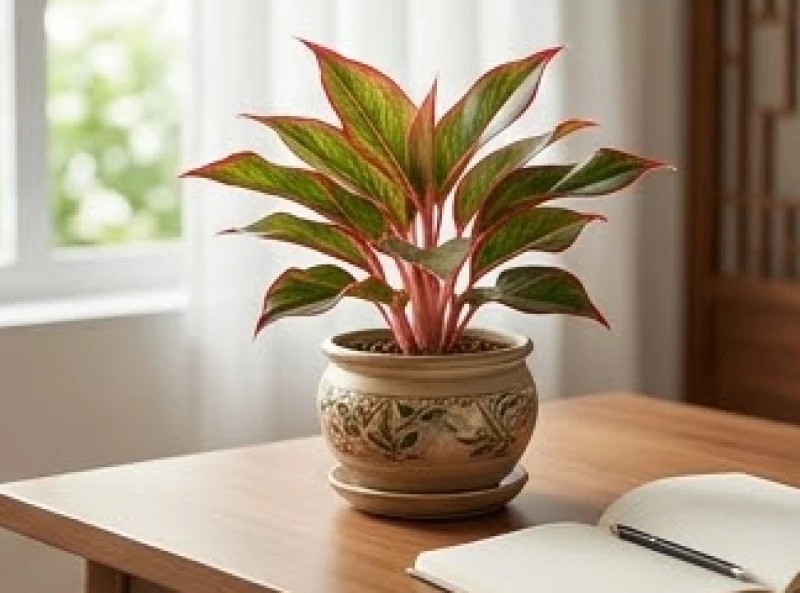 Tuổi Mão mệnh gì: Bảng ngũ hành và ứng dụng màu sắc, đá quý 7 Chậu cây Phú Quý nhỏ gọn với viền lá ửng đỏ nổi bật được bài trí tinh tế trên bàn làm việc, hợp với người mệnh Hỏa.