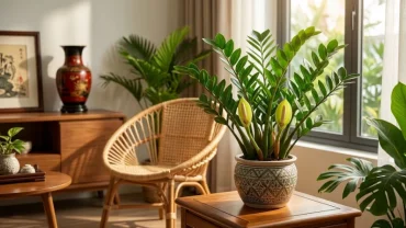 Cận cảnh một chậu cây phong thủy đang nở hoa rực rỡ trong phòng khách giúp nhận biết cây ra hoa là điềm gì