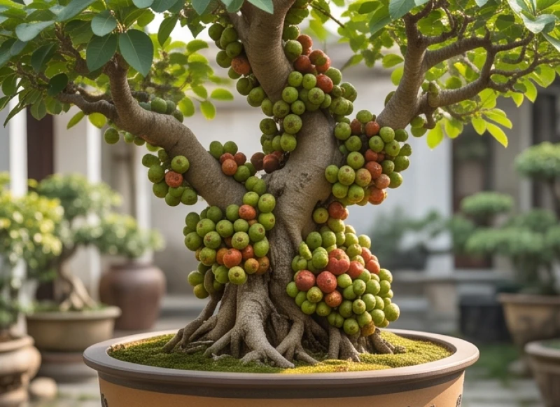 Cây sung bonsai dáng đẹp với thân cây xù xì và những chùm quả chi chít ở phần gốc