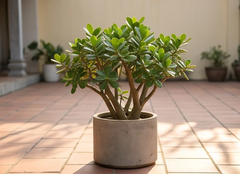Cây trồng ngoài sân hợp tuổi Tỵ: chịu nắng gió và hướng đặt 1 Cây thân gỗ chịu nắng tốt với tán lá xanh dày được trồng trong chậu xi măng đặt ở góc sân vườn