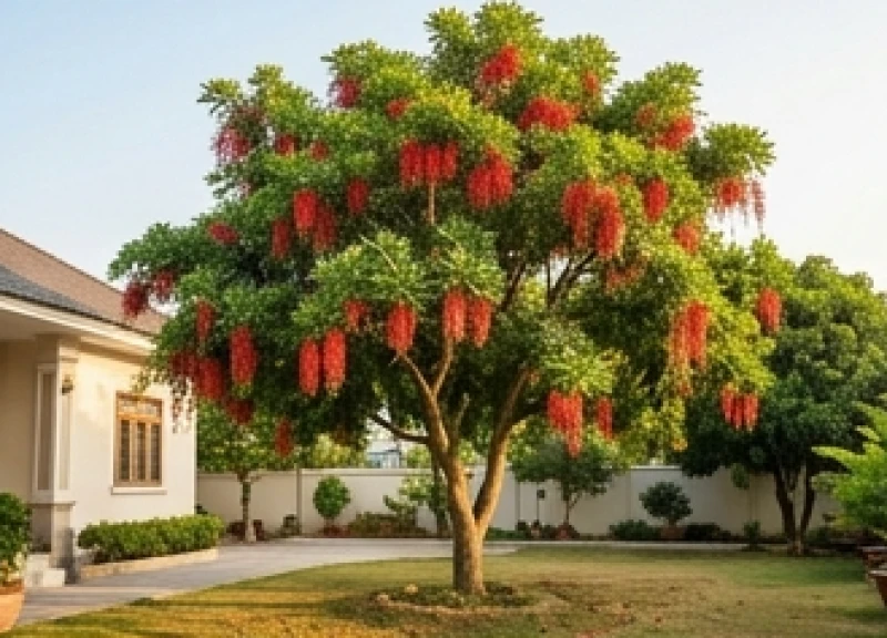 Cây Lộc Vừng hoa đỏ nở rực rỡ được trồng an toàn cách xa móng nhà để bảo vệ nền móng