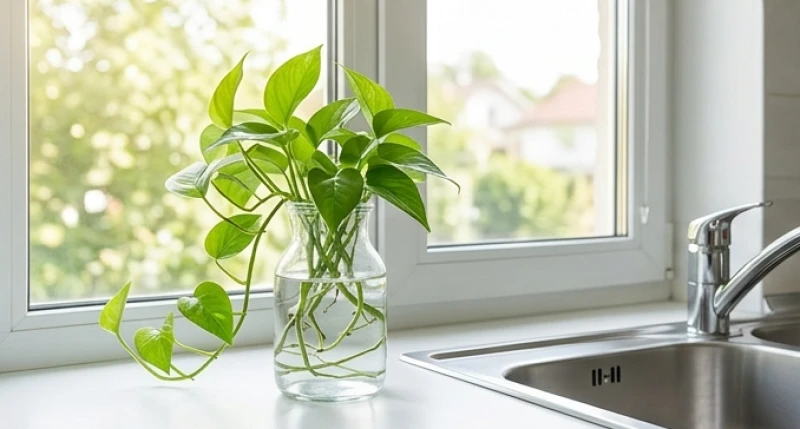 Chậu cây trầu bà xanh mướt được trồng trong bình thủy tinh đặt cạnh bồn rửa chén ngập tràn ánh nắng