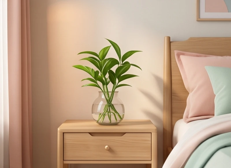 Chậu cây thủy sinh nhỏ gọn đặt trong không gian phòng ngủ mang màu sắc pastel dịu nhẹ giúp cân bằng tính Hỏa