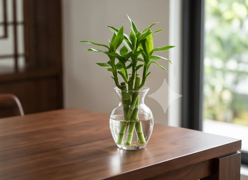 Chậu cây thủy sinh nhỏ xinh đặt trên bàn gỗ nâu sậm để hóa giải sự xung khắc giữa Thổ và Thủy
