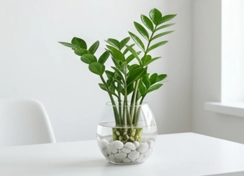 Chậu cây kim tiền trồng bằng phương pháp thủy sinh đặt trên bàn làm việc giúp tăng cường năng lượng