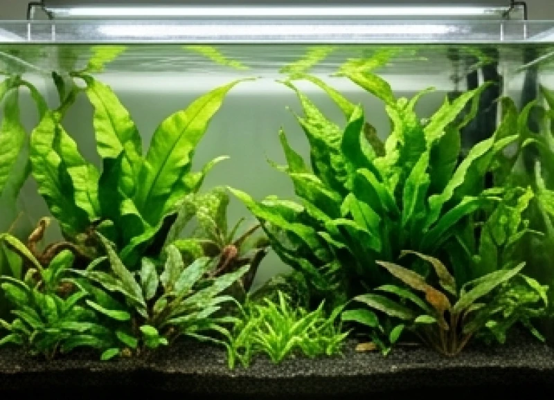 Các bụi cây thủy sinh xanh tốt phát triển tự nhiên dưới ánh sáng đèn LED