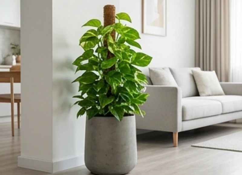 Cây trồng trong nhà hợp tuổi Tý: Vị trí Bát trạch & lịch tưới 8 Chậu cây trầu bà cột kích thước lớn với tán lá rộng che khuất góc nhọn của tường nhà