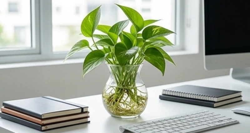 Chậu cây Trầu bà nước thủy sinh tươi tốt đặt trên bàn làm việc để khắc chế luồng sát khí từ hướng xấu
