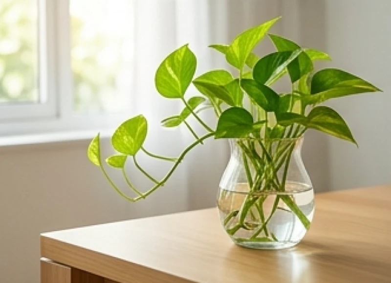Chậu cây trầu bà xanh mướt được trồng trong bình thủy tinh chứa đầy nước đặt trên góc bàn làm việc