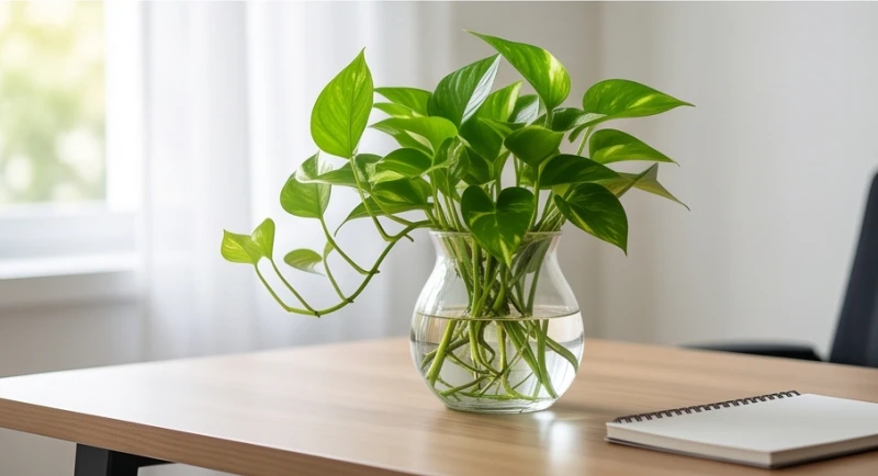 Chậu cây trầu bà thủy sinh xanh tốt đặt gọn gàng trên bàn làm việc bằng gỗ đón ánh nắng ban mai