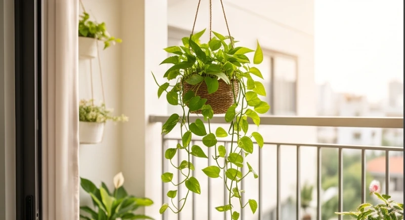 Cây trồng trong nhà hợp tuổi Thân: Vị trí đặt và đại kỵ phong thủy 3 Giỏ cây trầu bà xanh với những nhánh dây leo rủ xuống tự nhiên được treo tại khu vực ban công đầy ánh sáng