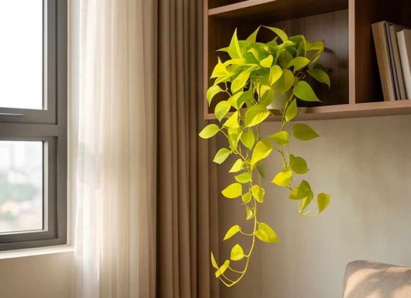 Cây Trồng Trong Nhà Hợp Tuổi Mão: Chọn Cây Râm Mát & Lịch Tưới 7 Chậu cây trầu bà vàng rủ những nhánh lá mềm mại xuống kệ sách bằng gỗ