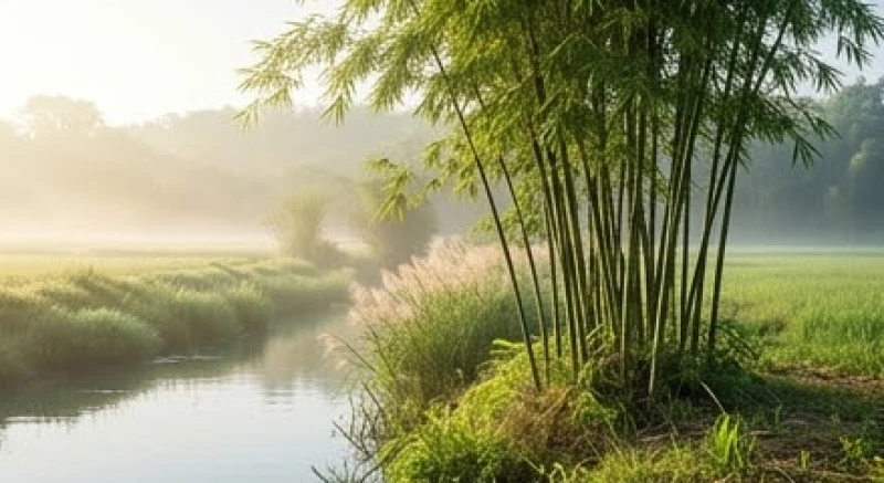 Cụm tre xanh và lau sậy mọc ven mặt nước phản ánh hình thái thực vật đặc trưng khi tìm hiểu bình địa mộc là gì