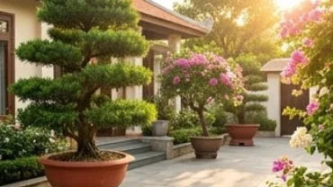 Khu vườn ngập nắng với chậu tùng la hán và hoa giấy rực rỡ, đại diện cho cây trồng ngoài sân hợp tuổi mùi