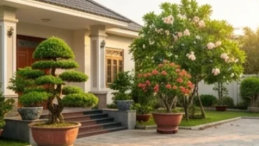 Khu vườn với những chậu cây trồng ngoài sân hợp tuổi Tý như Lộc Vừng và Tùng La Hán đang đâm chồi xanh tốt
