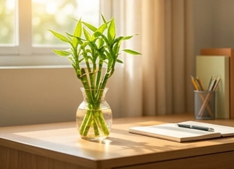 Kỷ Hợi 2019 mệnh gì: Nạp âm Bình Địa Mộc & tra cứu hướng hợp 9 Chậu cây trúc phú quý thủy sinh nhỏ nhắn được đặt gọn gàng trên góc bàn học bằng gỗ