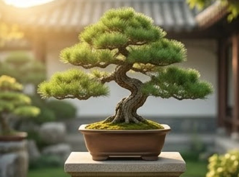 Chậu bonsai cây tùng bách xanh tốt vươn mình vững chãi trong nắng sớm
