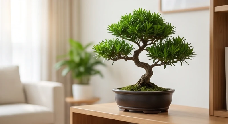 Chậu tùng la hán bonsai cành lá cứng cáp vươn cao trên kệ gỗ, bổ sung nguồn sinh khí dồi dào cho người Kỷ Hợi mệnh Mộc