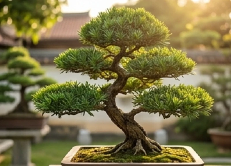 Cây trồng ngoài sân hợp tuổi Ngọ: Chọn cây chịu nắng và vị trí 6 Cây tùng la hán dáng bonsai cứng cáp đứng hiên ngang trước gió trong một khu vườn mang đậm phong cách Á Đông