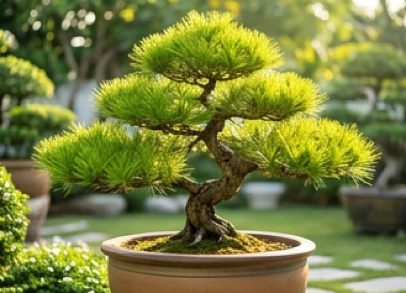 Chậu cây Tùng La Hán dáng thế oai phong khoe bộ rễ dẻo dai bám chặt vào lớp đất khô ráo ngoài thềm