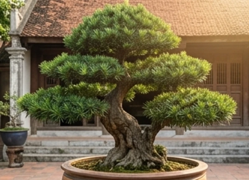 Chậu cây tùng la hán cổ thụ với dáng vẻ phong trần và lớp lá kim xanh thẫm đứng sừng sững trước cổng nhà