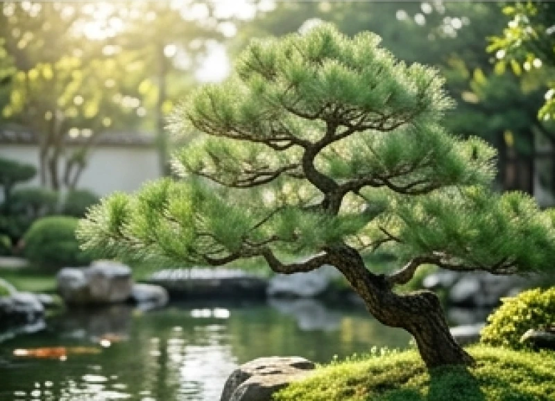 Cây tùng la hán với thế dáng đẹp mắt được trồng cạnh hồ nước trong vắt ngoài sân