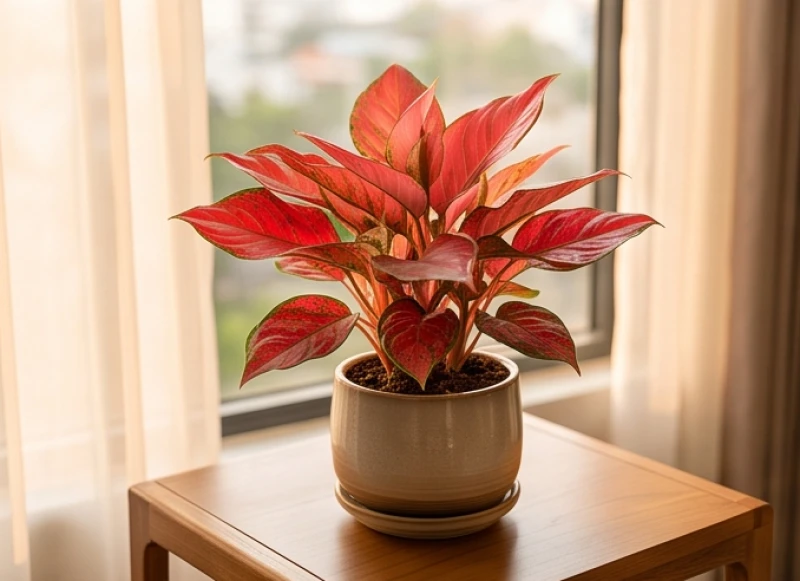 Chậu cây vạn lộc với những phiến lá màu đỏ rực rỡ tượng trưng cho ngọn lửa sưởi ấm vượng khí cho người mệnh Thổ