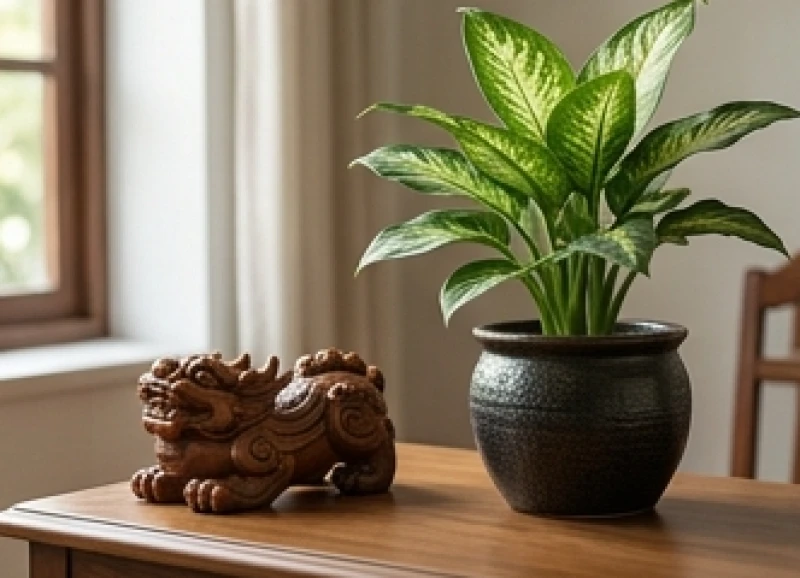 Chậu cây vạn niên thanh xanh tốt đặt cạnh bức tượng linh vật Tỳ Hưu trên bàn
