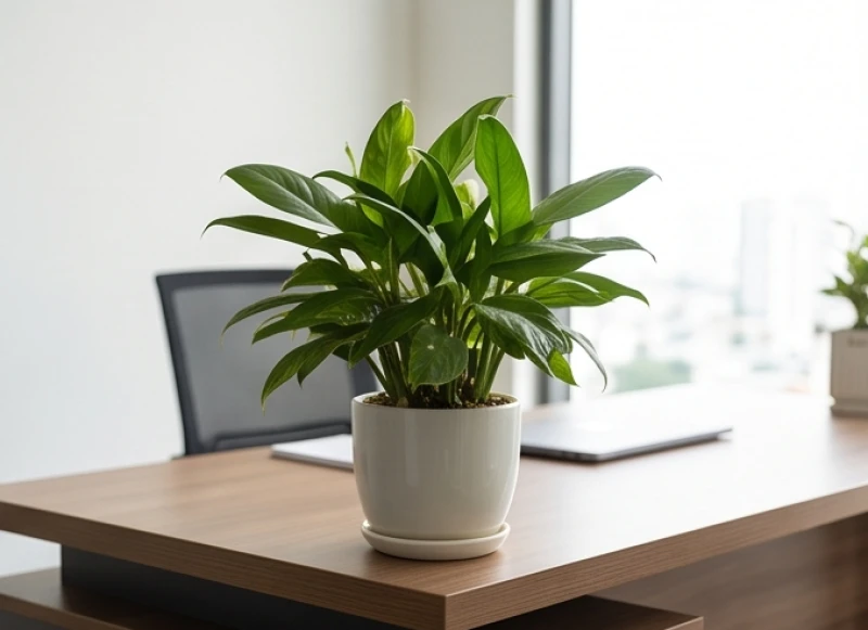Chậu cây trầu bà tán lá rộng được bố trí cản luồng sát khí trực diện chĩa vào không gian ngồi làm việc