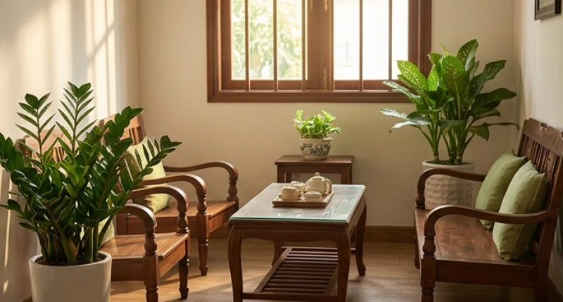 Không gian phòng khách yên bình được điểm xuyết bằng các chậu cây xanh giúp cân bằng năng lượng Mộc