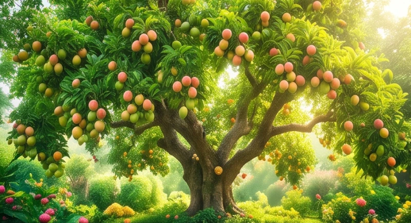 Cây cổ thụ xanh tươi với cành lá xum xuê và sai trĩu quả ngọt dưới ánh nắng rực rỡ