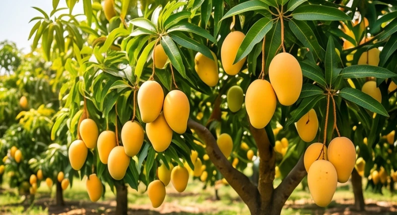 Cây xoài xum xuê cành lá với những quả chín vàng ươm tượng trưng cho nguồn tài chính dư dả