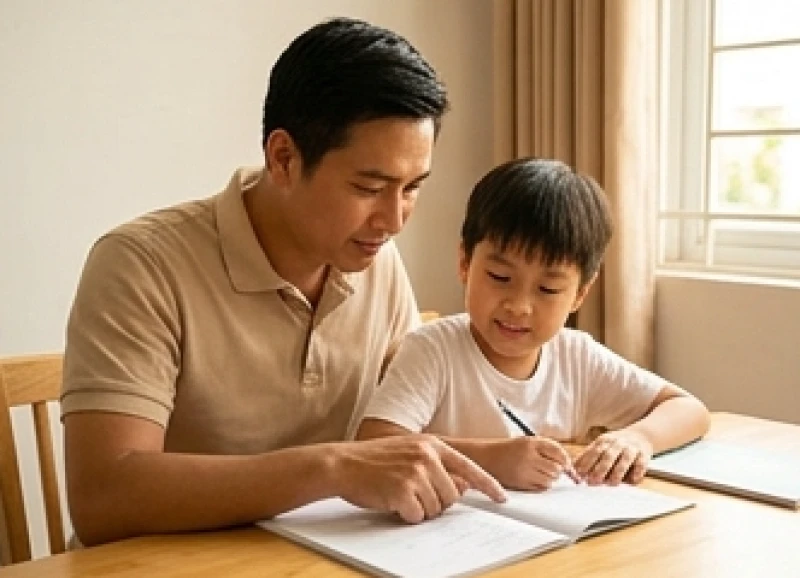 Tử vi tuổi Kỷ Hợi 2019 năm 2026: Vận hạn và học hành cho bé 8 Người cha kiên nhẫn ngồi cạnh hướng dẫn con trai làm bài tập về nhà với thái độ nhẹ nhàng