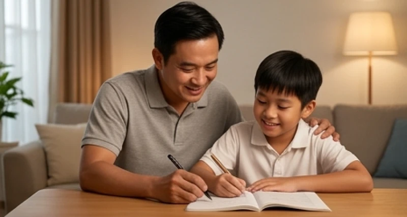Cha mẹ đang kiên nhẫn giảng bài cho cậu con trai 10 tuổi tại phòng khách gia đình