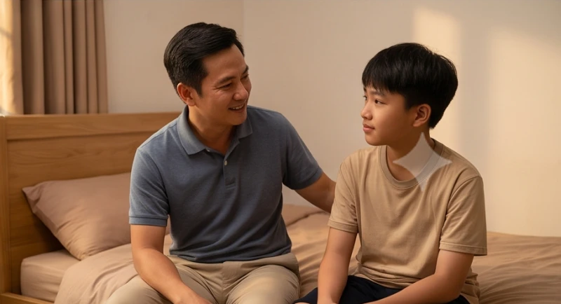 Cha mẹ và con cái cùng trò chuyện vui vẻ chia sẻ những áp lực trong học tập