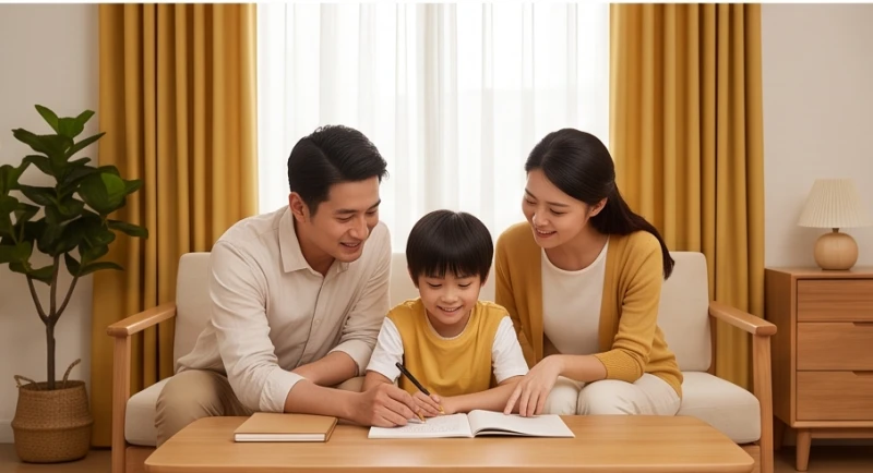 Gia đình đang vui vẻ cùng nhau đọc sách trong phòng khách trang trí rèm cửa màu vàng đất ấm cúng