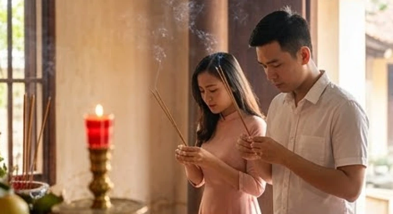 Văn khấn nhận con nuôi tại chùa: Cách sắm lễ và viết sớ chuẩn 1 Gia đình chắp tay thành kính cầu bình an cho con nhỏ trước không gian tĩnh lặng của cửa Phật.