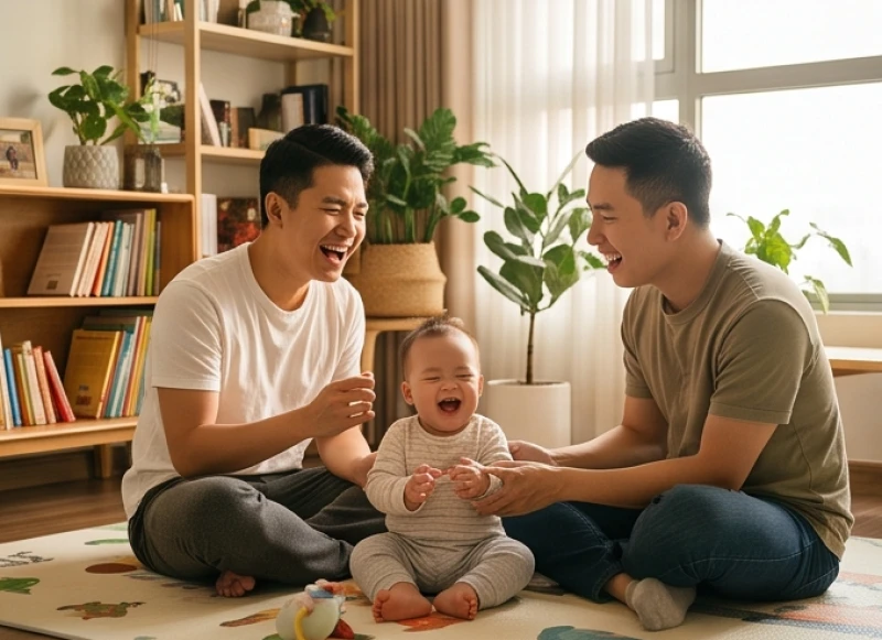Cặp vợ chồng trẻ thế hệ Gen Z chăm sóc con nhỏ với nụ cười hạnh phúc rạng rỡ trong căn hộ hiện đại ngập nắng