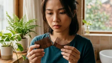 Hình ảnh chiếc lược bằng gỗ bị gãy đôi trên tay người phụ nữ để minh họa cho thắc mắc chải đầu bị gãy lược là điềm gì