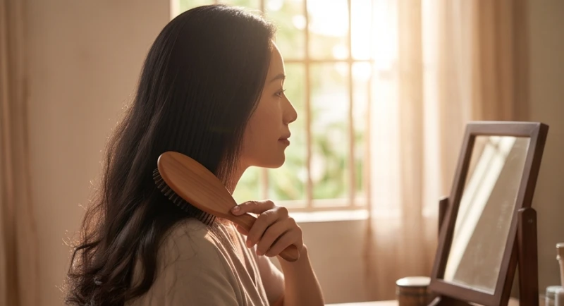 Người phụ nữ dùng lược chải tóc trước gương vào buổi sáng sớm, thời điểm hội tụ nguồn dương khí mạnh mẽ nhất trong ngày